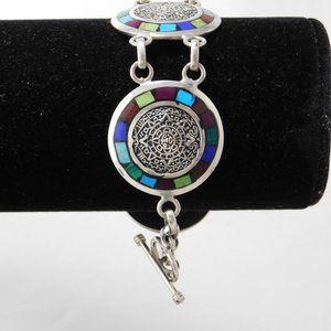 SOLD-----Vintage Mexican Bracelet Silver Aztec Sun god Turquoise Malachite Lapis